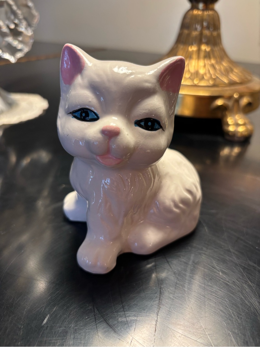 Vintage White Ceramic Cat Figurine with Pink Accents Blue Eyes